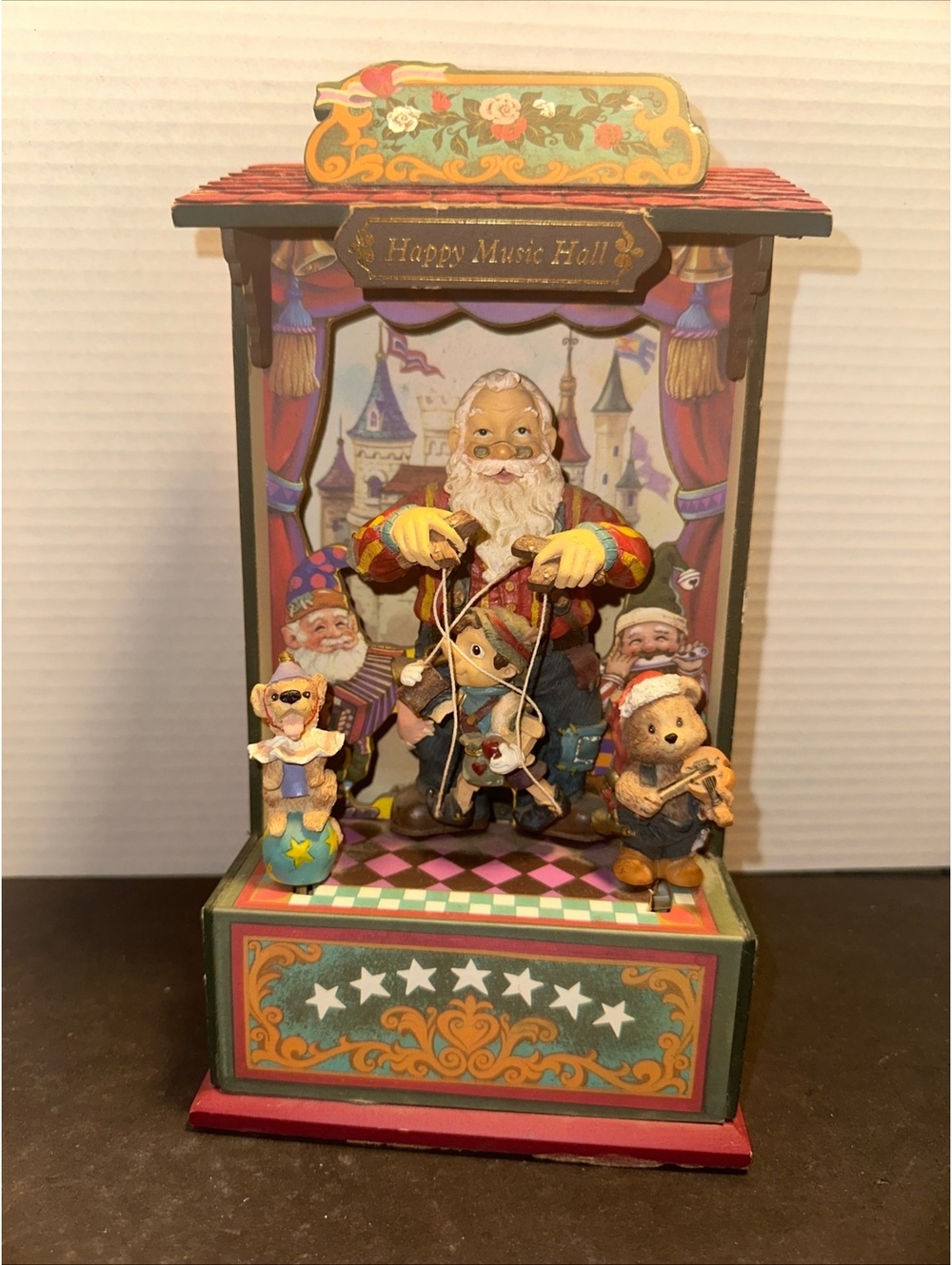 Wooden Music Hall Wind Up Santa Puppeteer with Pinocchio Works